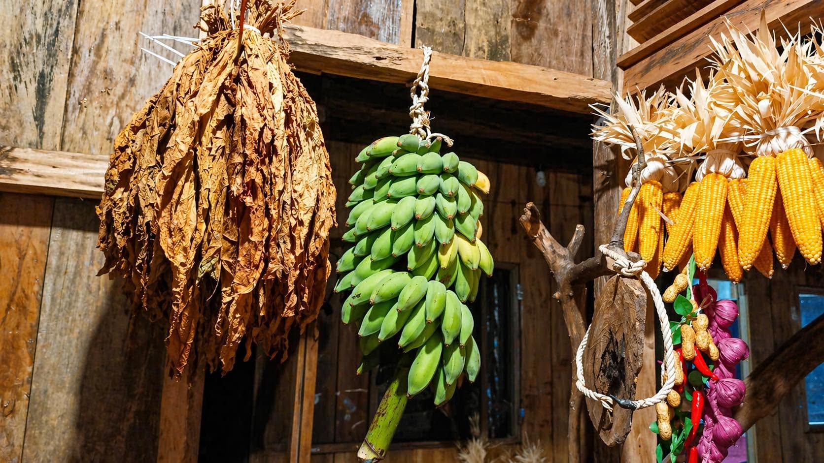 Nông sản bản địa treo trước nhà gỗ Tăk Pổ